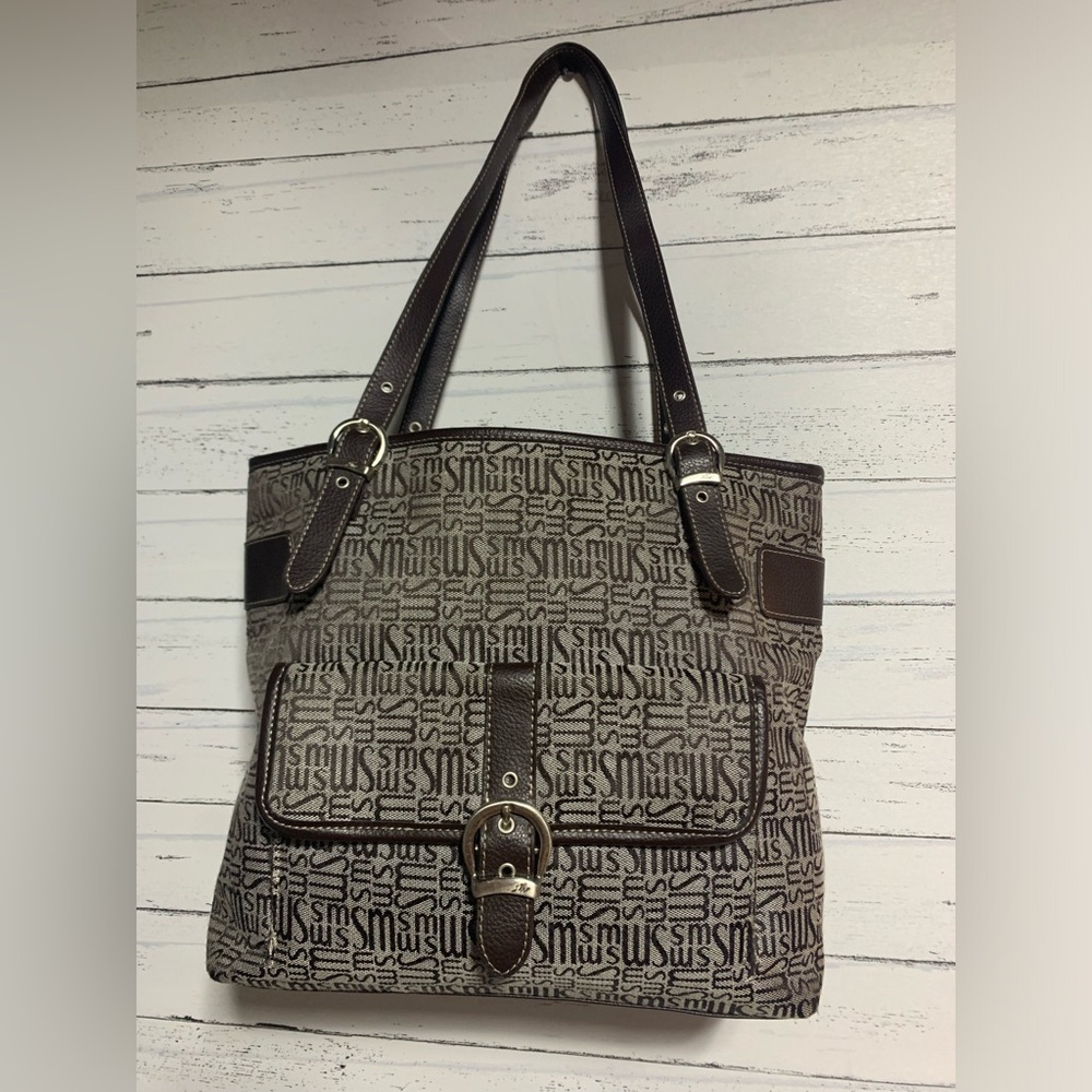 Stone Mountain Monogram Shoulder Tote Bag - Brown Faux Leather, 11.5”x11”x4”